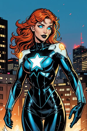 comic artwork, dynamic shadows, 2D, HDR, High Quality, Masterpiece, upper body, cinematic lighting, city, outdoors, 1girl, solo, white skin, pale skin, long orange hair, (((glowing blue eyes))), black leather supersuit with pants, superhero, soft smile, parted lips, happy, beautiful, sexy eyes, fit, toned, black lipstick, star symbol in the center of chest, star symbol on supersuit, sexy, black leather