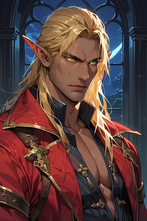 score_9, score_8_up, score_7_up, source_anime, detailed illustration, fantasy themed, ((night, night sky)), window, from side, 1boy, solo, looking at viewer, masculine, dark green eyes, crimson coat, glowing eyes, serious face, swordsman, blonde, elf, geralt hair, upper body, ((very dark room:1.2)), indoors, glowing eyes, tan skin, 8k, elf ears, handsome, no smile, one color eyes, no sclera
