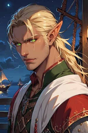 score_9, score_8_up, score_7_up, source_anime, detailed illustration, fantasy themed, ((night, night sky)), window, from side, 1boy, solo, looking at viewer, masculine, dark green eyes, glowing eyes, serious face, swordsman, blonde, elf, geralt hair, upper body, ((very dark room:1.2)), outdoors, sailing ship deck, glowing eyes, tan skin, 8k, elf ears, handsome, no smile, one color eyes, no sclera
