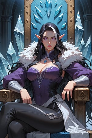 Prompt: score_9, score_8_up, score_7_up, source_anime, detailed illustration, fantasy themed, ice castle, throne room, sitting in a throne of ice, ice throne, throne made of ice, 1girl, solo, long black hair, straight hair, black hair, (streaked hair), ((white streaks)), (streak of white hair), looking at viewer, queen, sexy, serious, purple eyes, ((glowing eyes)), elf, fey queen, silver jewelry, indoors, pale skin, 8k, elf ears, beautiful, cold, intimidating, fit, toned, ((very dark room:1.2)), medieval clothes, purple clothes, white fur, sexy pants, tight pants, black pants