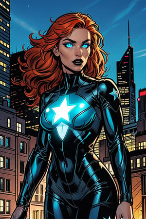 comic artwork, dynamic shadows, 2D, HDR, High Quality, Masterpiece, upper body, cinematic lighting, city, outdoors, 1girl, solo, white skin, pale skin, long orange hair, (((glowing blue eyes))), black leather supersuit with pants, superhero, parted lips, beautiful, sexy eyes, fit, toned, black lipstick, star symbol in the center of chest, star symbol on supersuit, sexy