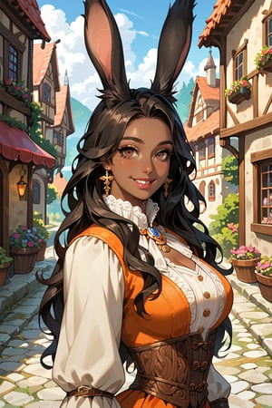 Score_9, score_8_up, score_7_up, source_anime, detailed illustration, fantasy themed, medieval village, outdoors, from side, 1girl, solo, black hair, long hair, looking at viewer, brown eyes, slender, upper body, viera, bunny ears, ((very dark skin)), black skin, beautiful face, soft smile, kind, jewelry, mother, (hair covering ears), medieval dress