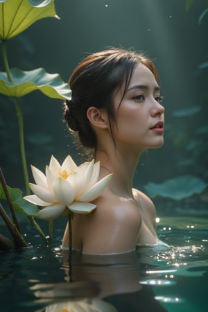 graphic quality unreal engine 5, woman sexy  sweat skin , in water, lotus flower
