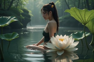 graphic quality unreal engine 5, woman sexy  sweat skin , in water, lotus flower
