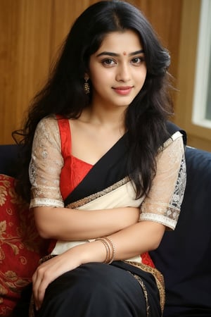 beautiful cute young attractive indian teenage girl, village girl, 18 years old, cute,  Instagram model, long black_hair, colorful hair, warm, dacing, in home sit at  sofa, indian, wear red dress