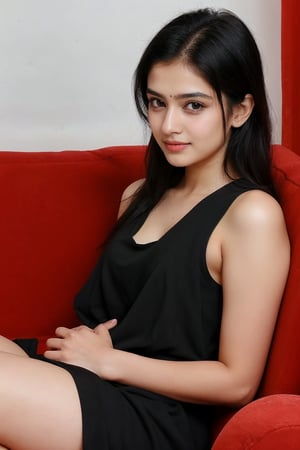 beautiful cute young attractive indian teenage girl, village girl, 18 years old, cute,  Instagram model, long black_hair, colorful hair, warm, dacing, in home sit at  sofa, indian, wear red dress