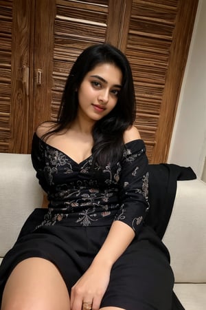 beautiful cute young attractive indian teenage girl, village girl, 18 years old, cute,  Instagram model, long black_hair, colorful hair, warm, dacing, in home sit at  sofa, indian, wear red dress