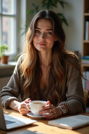 A long-haired woman sitting at a coffee table, natural light streaming through a window, creating a soft glow on her face. She is holding a cup of coffee, her expression contemplative. The table is cluttered with books and a laptop, the background slightly blurred to focus on her serene pose. The composition is centered, with the woman's hair cascading down her shoulders, adding a touch of elegance to the scene.