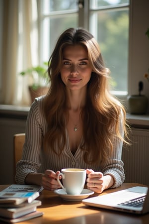 A long-haired woman sitting at a coffee table, natural light streaming through a window, creating a soft glow on her face. She is holding a cup of coffee, her expression contemplative. The table is cluttered with books and a laptop, the background slightly blurred to focus on her serene pose. The composition is centered, with the woman's hair cascading down her shoulders, adding a touch of elegance to the scene.