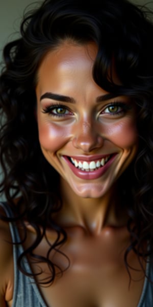  A beautiful lady with nature smile her face,wavy black hairs ,ultrarealistic slight freckless dark makeup ,waering har  and glasess hyperdetailed photography soft light head and shoulder portrait cover