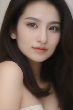 1girl, solo, long hair, bold beautiful looking at viewer, smile, black hair, brown eyes, jewelry, closed mouth, collarbone, upper body, earrings, lips, facial mark, forehead, forehead mark, realistic, 