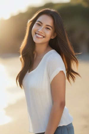 A young woman in her mid-twenties, with a bright smile and radiant complexion. She's posed against a warm, sunny backdrop, perhaps a beachside scene or a park on a lovely day. Her long hair cascades down her back, framing her delicate features. The lighting is soft and gentle, with a hint of golden hour warmth. She's dressed in casual yet stylish attire, possibly jeans and a trendy top,