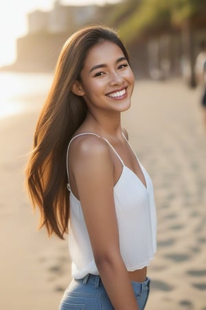 A young woman in her mid-twenties, with a bright smile and radiant complexion. She's posed against a warm, sunny backdrop, perhaps a beachside scene or a park on a lovely day. Her long hair cascades down her back, framing her delicate features. The lighting is soft and gentle, with a hint of golden hour warmth. She's dressed in casual yet stylish attire, possibly jeans and a trendy top,