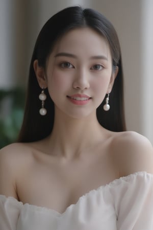 1girl, solo, long hair, bold beautiful looking at viewer, smile, black hair, brown eyes, jewelry, closed mouth, collarbone, upper body, earrings, lips, facial mark, forehead, forehead mark, realistic, 