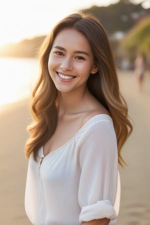 A young woman in her mid-twenties, with a bright smile and radiant complexion. She's posed against a warm, sunny backdrop, perhaps a beachside scene or a park on a lovely day. Her long hair cascades down her back, framing her delicate features. The lighting is soft and gentle, with a hint of golden hour warmth. She's dressed in casual yet stylish attire, possibly jeans and a trendy top,