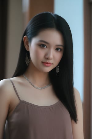 1girl, solo, long hair, looking at viewer, smile, black hair, brown eyes, jewelry, closed mouth, collarbone, upper body, earrings, lips, facial mark, forehead, standing, oyo rooms, forehead mark, realistic, arrow \(symbol\)