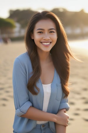 A young woman in her mid-twenties, with a bright smile and radiant complexion. She's posed against a warm, sunny backdrop, perhaps a beachside scene or a park on a lovely day. Her long hair cascades down her back, framing her delicate features. The lighting is soft and gentle, with a hint of golden hour warmth. She's dressed in casual yet stylish attire, possibly jeans and a trendy top,