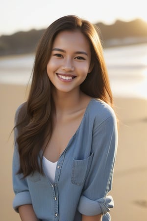 A young woman in her mid-twenties, with a bright smile and radiant complexion. She's posed against a warm, sunny backdrop, perhaps a beachside scene or a park on a lovely day. Her long hair cascades down her back, framing her delicate features. The lighting is soft and gentle, with a hint of golden hour warmth. She's dressed in casual yet stylish attire, possibly jeans and a trendy top, showcasing her effortless charm.