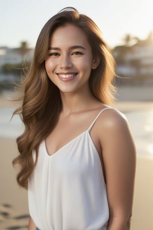 A young woman in her mid-twenties, with a bright smile and radiant complexion. She's posed against a warm, sunny backdrop, perhaps a beachside scene or a park on a lovely day. Her long hair cascades down her back, framing her delicate features. The lighting is soft and gentle, with a hint of golden hour warmth. She's dressed in casual yet stylish attire, possibly jeans and a trendy top,