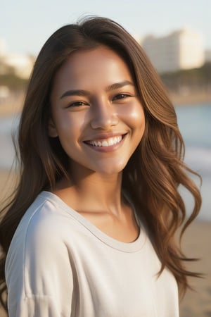 A young woman in her mid-twenties, with a bright smile and radiant complexion. She's posed against a warm, sunny backdrop, perhaps a beachside scene or a park on a lovely day. Her long hair cascades down her back, framing her delicate features. The lighting is soft and gentle, with a hint of golden hour warmth. She's dressed in casual yet stylish attire, possibly jeans and a trendy top,