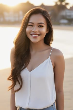 A young woman in her mid-twenties, with a bright smile and radiant complexion. She's posed against a warm, sunny backdrop, perhaps a beachside scene or a park on a lovely day. Her long hair cascades down her back, framing her delicate features. The lighting is soft and gentle, with a hint of golden hour warmth. She's dressed in casual yet stylish attire, possibly jeans and a trendy top, showcasing her effortless charm.