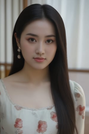 1girl, solo, long hair, looking at viewer, smile, black hair, brown eyes, jewelry, closed mouth, collarbone, upper body, earrings, lips, facial mark, forehead, standing, oyo rooms, forehead mark, realistic, arrow \(symbol\)