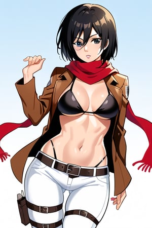 hmmikasa, short hair, black eyes, scarf,emblem, belt, thigh strap, red scarf,white pants, brown jacket, long sleeves ,black_bikini_bottom