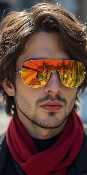 a close-up shot of a man's face is adorned with eye-level glasses, adorned with orange and yellow reflective lenses. The man's eyes are covered in a reflective glare, adding a pop of color to his face. His hair is a mix of brown and black, adding texture to the overall composition. He is wearing a red scarf, a black shirt, and a black vest. The background is blurred, creating a stark contrast to the man's facial features.