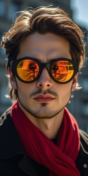 a close-up shot of a man's face is adorned with eye-level glasses, adorned with orange and yellow reflective lenses. The man's eyes are covered in a reflective glare, adding a pop of color to his face. His hair is a mix of brown and black, adding texture to the overall composition. He is wearing a red scarf, a black shirt, and a black vest. The background is blurred, creating a stark contrast to the man's facial features.