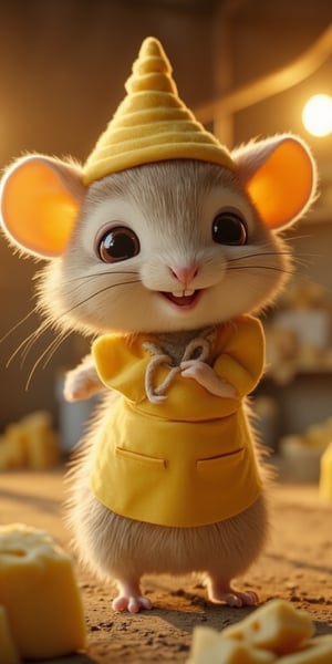 Stunningly detailed, hyper-realistic anthropomorphic mouse cheese maker rendered in a high quality 16K UHD masterpiece. The mouse, with a chibi style design, wears an adorable smile and has a cute, graceful face. The cartoon-like illustration features an emotionally charged scene in the background, where a themed environment shows the challenges and triumphs of a cheesemaking journey. The picture was shot in RAW format, which further enhances the dynamic plot and ultra-realistic details.

