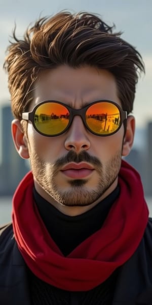 a close-up shot of a man's face is adorned with eye-level glasses, adorned with orange and yellow reflective lenses. The man's eyes are covered in a reflective glare, adding a pop of color to his face. His hair is a mix of brown and black, adding texture to the overall composition. He is wearing a red scarf, a black shirt, and a black vest. The background is blurred, creating a stark contrast to the man's facial features.