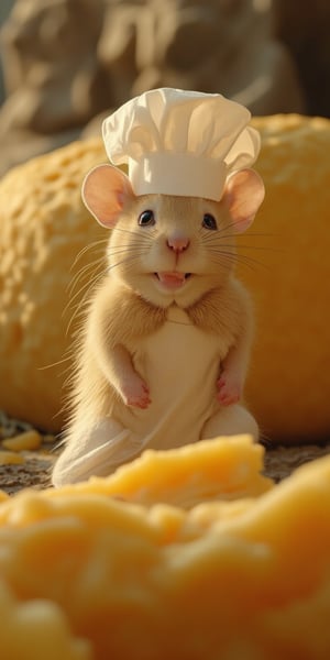 Stunningly detailed, hyper-realistic anthropomorphic mouse cheese maker rendered in a high quality 16K UHD masterpiece. The mouse, with a chibi style design, wears an adorable smile and has a cute, graceful face. The cartoon-like illustration features an emotionally charged scene in the background, where a themed environment shows the challenges and triumphs of a cheesemaking journey. The picture was shot in RAW format, which further enhances the dynamic plot and ultra-realistic details.

