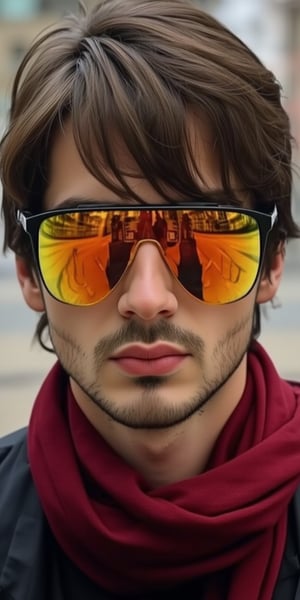 a close-up shot of a man's face is adorned with eye-level glasses, adorned with orange and yellow reflective lenses. The man's eyes are covered in a reflective glare, adding a pop of color to his face. His hair is a mix of brown and black, adding texture to the overall composition. He is wearing a red scarf, a black shirt, and a black vest. The background is blurred, creating a stark contrast to the man's facial features.