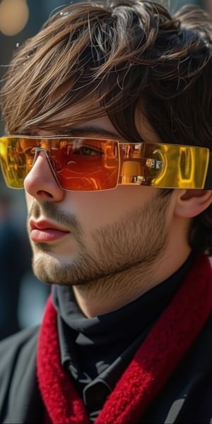 a close-up shot of a man's face is adorned with eye-level glasses, adorned with orange and yellow reflective lenses. The man's eyes are covered in a reflective glare, adding a pop of color to his face. His hair is a mix of brown and black, adding texture to the overall composition. He is wearing a red scarf, a black shirt, and a black vest. The background is blurred, creating a stark contrast to the man's facial features.