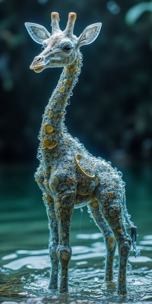 watce, a giraffe made out of water and mechanical gear, standing in the water with bubbles,A giraffe with a gear body wrapped in liquid flesh,Mechanical,intricately constructed 