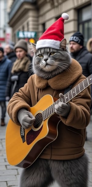 a cool and charismatic cat, donning a festive Christmas hat, BREAK, skillfully strumming a styr guitar while entertaining passersby on a lively street. The cat's playful expression and rhythmic paw movements exude a natural musical talent, captivating the audience with its melodic tunes. The Christmas hat adds a touch of holiday cheer to the scene, as onlookers pause to enjoy the impromptu street performance.