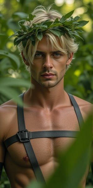 a 3D rendering of a fair-skinned man with blonde hair and blue eyes is adorned with a headband of leaves on his head. His eyes are a piercing blue, adding a pop of color to the scene. His chest is covered in a black leather harness strap, strung across his chest. The backdrop is a lush forest of green leaves, creating a vibrant contrast to the man's chest.