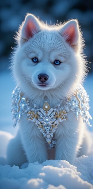 A Husky, small and cute,generate a celestial adorable non-human animal in the style of celestial and fantasy. the animal should be the most beautiful animal ever created. Consider details like fluffy with (snow, ice and diamonds (armour)) and shimmer and glimmer. Include subtle details of phantasmal iridescence. emphasize small details of fantasy and ornate diamonds. camera: utilize interesting and dynamic composition. enhance visual interest. lighting: use ambient lighting that enhances the ambiance of fantasy. include bright white and blue and deep shadows. hires, detailed eyes, hires detailed eyes, hires small details, ornate, intricate details, 8k, shimmer, unity, official cgi unreal engine, high resolution, (((masterpiece))), high quality, highres, detail enhancement, (bright and clear eyes), 