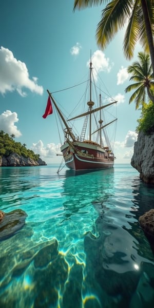 POV angle water, MAGICAL cute STORYBOOK tropical bay , shabby STYLE lovely sailing ship on the beach, view on the tropical bay , summer, semi underwater view.  Modifiers: highly detailed dof trending on cgsociety steampunk fantastic view ultra detailed 4K 3D whimsical Storybook beautifully lit etheral highly intricate stunning color depth disorderly outstanding cute illustration cuteaesthetic Boris Vallejo style shadow play The mood is Mysterious and Spellbinding, with a sense of otherworldliness  otherwordliness macro photography style LEONARDO DIFFUSION XL STYLE vintage-futuristic