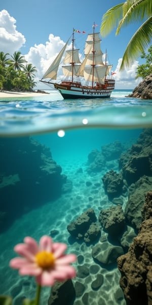 POV angle water, MAGICAL cute STORYBOOK tropical bay , shabby STYLE lovely sailing ship on the beach, view on the tropical bay , summer, semi underwater view.  Modifiers: highly detailed dof trending on cgsociety steampunk fantastic view ultra detailed 4K 3D whimsical Storybook beautifully lit etheral highly intricate stunning color depth disorderly outstanding cute illustration cuteaesthetic Boris Vallejo style shadow play The mood is Mysterious and Spellbinding, with a sense of otherworldliness  otherwordliness macro photography style LEONARDO DIFFUSION XL STYLE vintage-futuristic