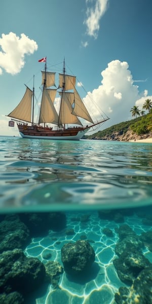 POV angle water, MAGICAL cute STORYBOOK tropical bay , shabby STYLE lovely sailing ship on the beach, view on the tropical bay , summer, semi underwater view.  Modifiers: highly detailed dof trending on cgsociety steampunk fantastic view ultra detailed 4K 3D whimsical Storybook beautifully lit etheral highly intricate stunning color depth disorderly outstanding cute illustration cuteaesthetic Boris Vallejo style shadow play The mood is Mysterious and Spellbinding, with a sense of otherworldliness  otherwordliness macro photography style LEONARDO DIFFUSION XL STYLE vintage-futuristic