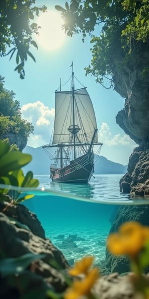 POV angle water, MAGICAL cute STORYBOOK tropical bay , shabby STYLE lovely sailing ship on the beach, view on the tropical bay , summer, semi underwater view.  Modifiers: highly detailed dof trending on cgsociety steampunk fantastic view ultra detailed 4K 3D whimsical Storybook beautifully lit etheral highly intricate stunning color depth disorderly outstanding cute illustration cuteaesthetic Boris Vallejo style shadow play The mood is Mysterious and Spellbinding, with a sense of otherworldliness  otherwordliness macro photography style LEONARDO DIFFUSION XL STYLE vintage-futuristic