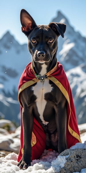 Cute black medium shaped pit bull female  terrier mix, with black hair small head, and black body, white streak of hair from under her head to the abdomen, big cute perfect brown eye, detailed background with a beautifully decorated mountain background, she is wearing a super female mecha  costume with swirling gold trimmed red  cape, bright sunshine, standing on top of snow capped mountain. Snow flakes falling. ,Energy light particle mecha