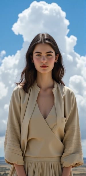 Byzantine girl with blue sky and white clouds background, sexy outfit, upper body, front view, (Masterpiece, Top Quality, Top Image Quality, Official Art, Aesthetic and Beautiful: 1.2), (1girl: 1.4), beautiful white skin, shining dark brown eyes, clear eyes, running nose, smiling face, portrait, extreme color, best Fine Detail, Simple Background, 16K, High Resolution, Perfect Dynamic Composition, Bokeh, (Sharp Focus:1.2), Super Wide Angle, High Angle, High Color Contrast, Medium Shot, Depth of Field, Background Blur,,itacstl