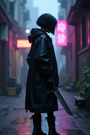 Mthlda stands in a rain-soaked alley, gritty industrial district, black bobcut dripping, tactical black raincoat, hood pulled down, combat gloves, sturdy boots, cold metal dagger in hand, foggy street, neon signs flickering, pink and blue hues, wet pavement, mist swirling, shadows, preparing for target.