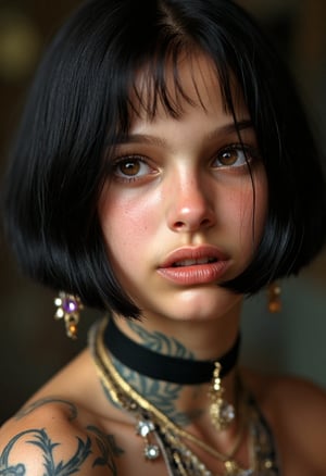 "A hyperrealistic close-up portrait of with a black bobcut. Her facial features are strikingly defined, with expressive eyes and soft, natural skin texture. She is adorned with intricate and luxurious jewelry: ornate necklaces, layered bracelets, and dangling earrings with gemstones that catch the light. Her face and neck are decorated with beautiful, artistic tattoos featuring floral and geometric designs, blending seamlessly with her jewelry. The image is extremely detailed, capturing every strand of hair, the glint of metal, and the texture of her tattoos with lifelike precision."