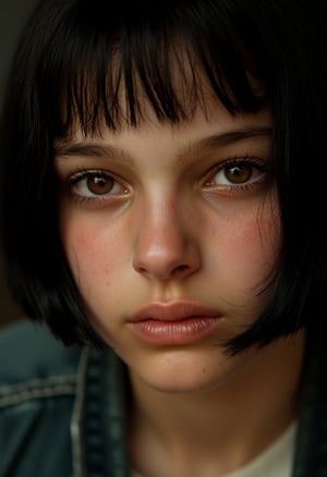 A stunning, hyper-realistic close-up captures the face of a beautiful Mthlda. Her intense, beautiful eyes reflect a fierce resolve, shining with both quiet strength and an underlying vulnerability. The sharp, delicate features of her face are framed by her sleek black bobcut, slightly tousled, with strands falling over one eye, adding to her mysterious allure. Her expression is a mesmerizing mix of determination and fragility. Soft beads of sweat cling to her flawless, pale skin, subtly glowing in the dramatic side lighting that enhances every detail.
The lighting casts intricate shadows across her face, highlighting the contours of her high cheekbones and the softness of her lips, which tremble slightly with tension.