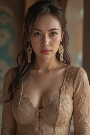 masterpice, hyper realistic, realistic lightning, Ensure that the image is photorealistic and of top-quality 8K HDR, capturing every intricate detail of the scene.Indonesian Women, standing pose, show Mayasari full body, head to feet shoot, messy_ponytail, she showcases her beautiful long earrings,in the glamour kebaya, full body,mermaid tight long kebaya, flowy dramatic long kebaya,very long flor length gown, tall women, sexy face,sexy pose,Enhanced all,