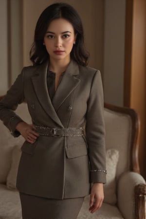 Masterpiece, professional, Top quality, High resolution, high detail, perfect detail, In a sumptuous hotel suite, a poised woman exudes opulence, standing confidently amidst plush furnishings and rich textures. Her tailored corporate dress gleams, complemented by shoes adorned with intricate silver studs that add a touch of playful sophistication. Soft lighting enhances her porcelain complexion, as she strikes a pose, embodying perfect fashion and radiant beauty.,Perfect fashion,wonder beauty,Enhanced all,best quality,ultra-detailed