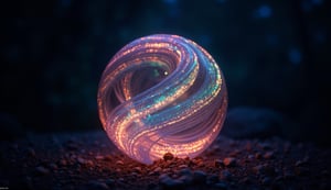 A mysterious, glowing glass orb swirls with vibrant hues against the inky darkness of the night sky. Captured with a Leica SL2 and 28mm lens at f/2.8, the orb's ethereal glow is framed by the dramatic shadows, as if suspended in mid-air. The swirling colors dance across its surface, beckoning the viewer into a realm of fantasy.